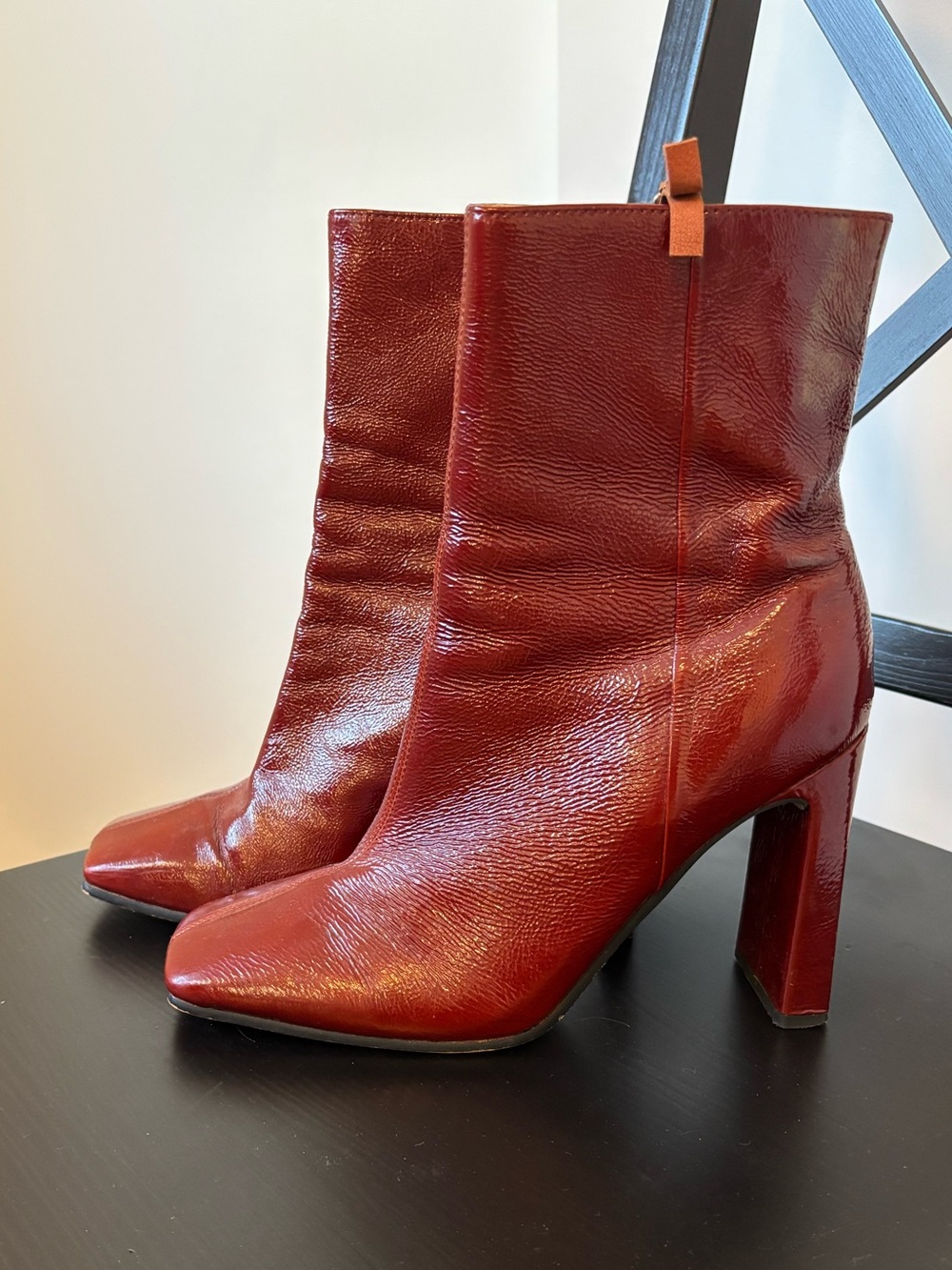 Topshop Burgundy Leather Block-Heel Ankle Boots Size 39
